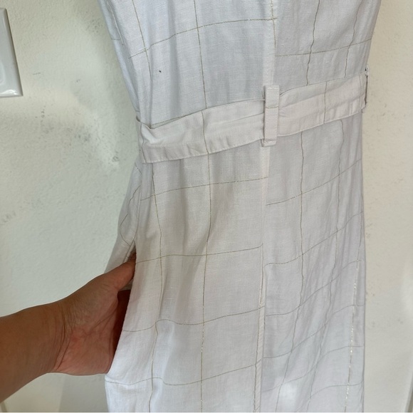 Liz Claiborne Summer White Plaid Metallic Gold Linen Blend Belted Dress Size 4 - Picture 8 of 13